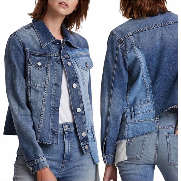 Hudson Spliced Denim Trucker Grunge Patchwork Jacket Size Small Blue Denim Wash - Picture 3 of 11